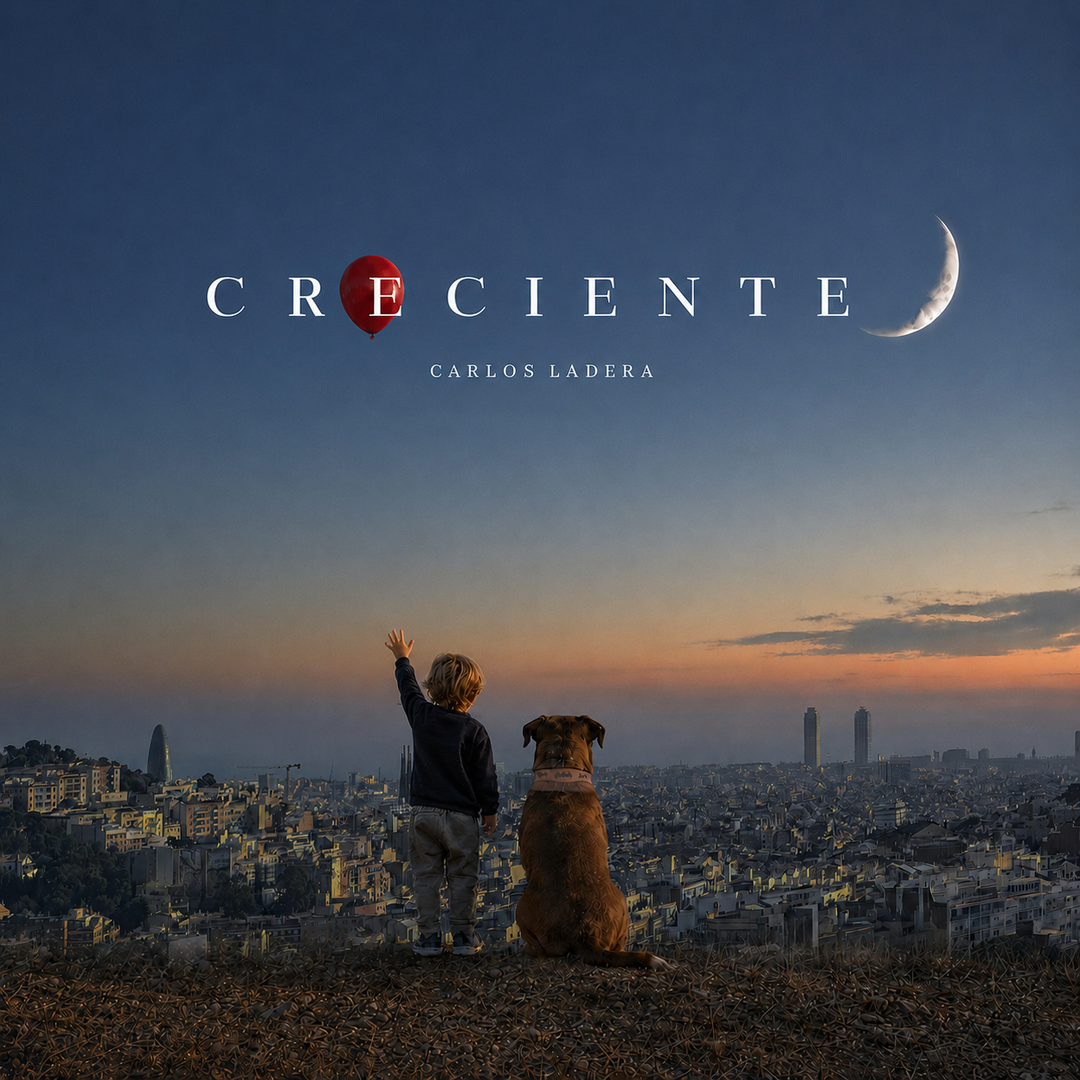 Portada de Creciente: un niño y un perro contemplan Barcelona al atardecer, bajo una luna creciente y un globo rojo.